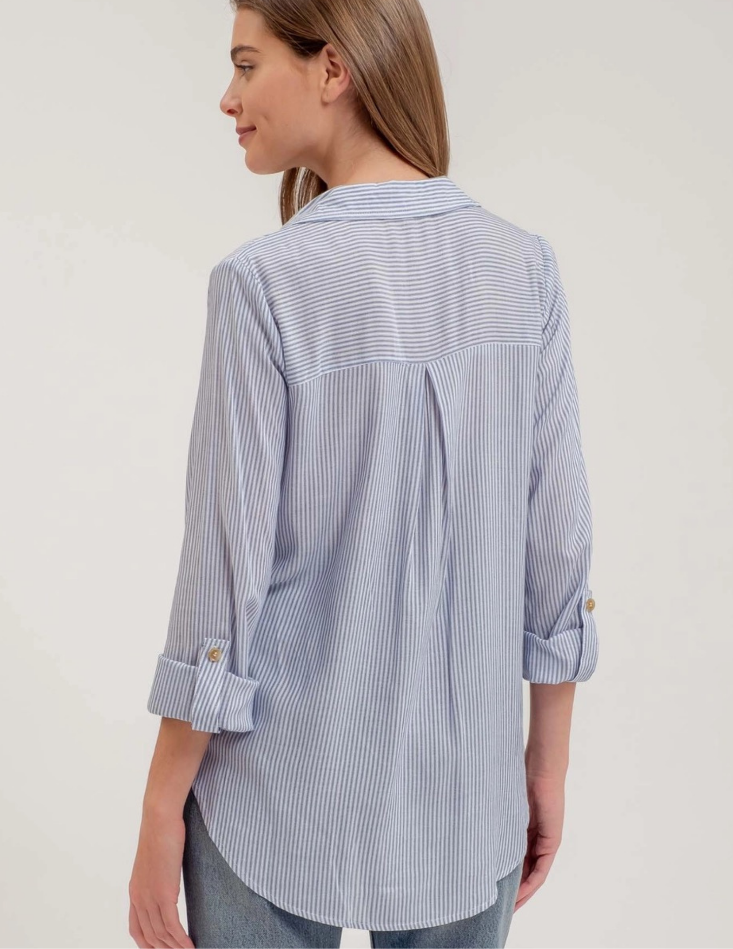 Striped Button Down with Pockets - Navy