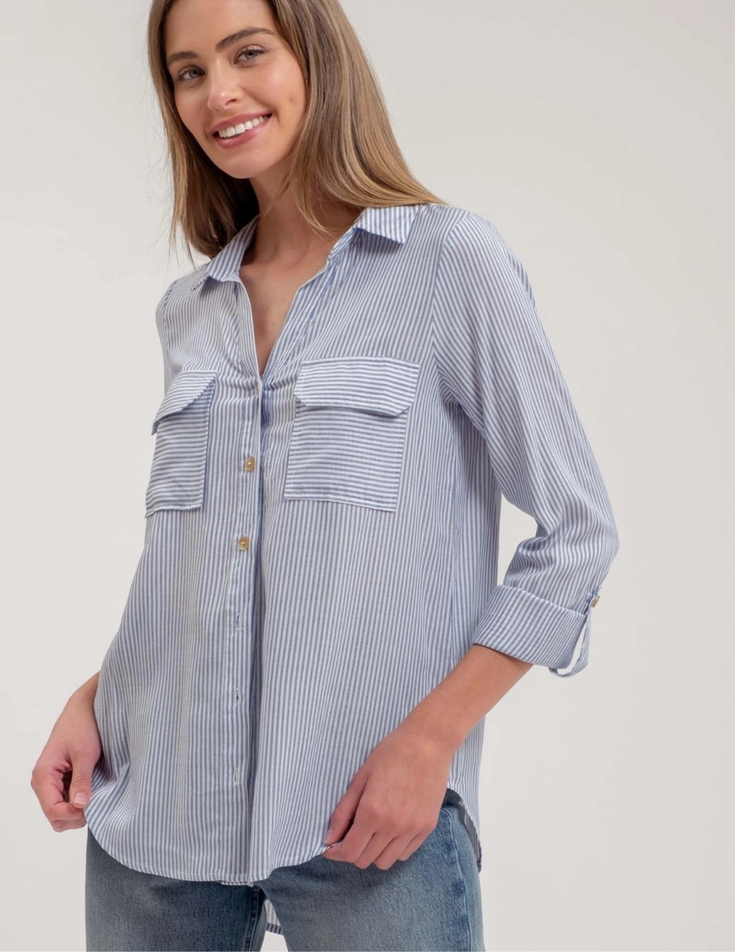 Striped Button Down with Pockets - Navy