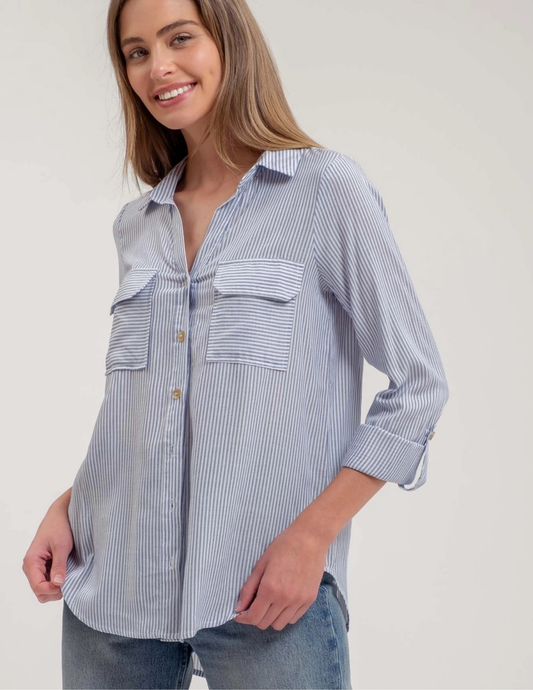 Striped Button Down with Pockets - Navy