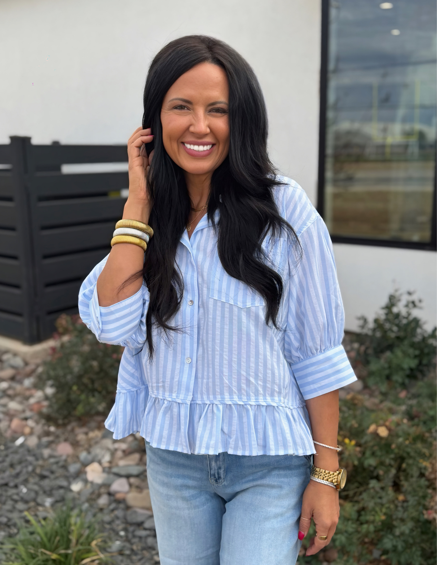 Striped Ruffle Hem Top- Blue