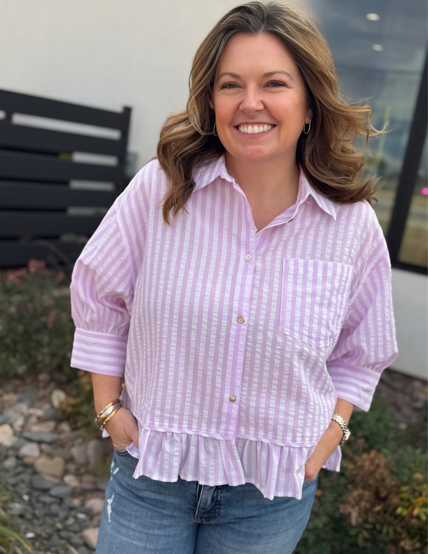 Striped Ruffle Hem Top- Lavender