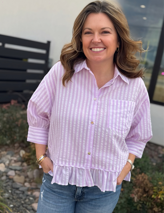 Striped Ruffle Hem Top- Lavender