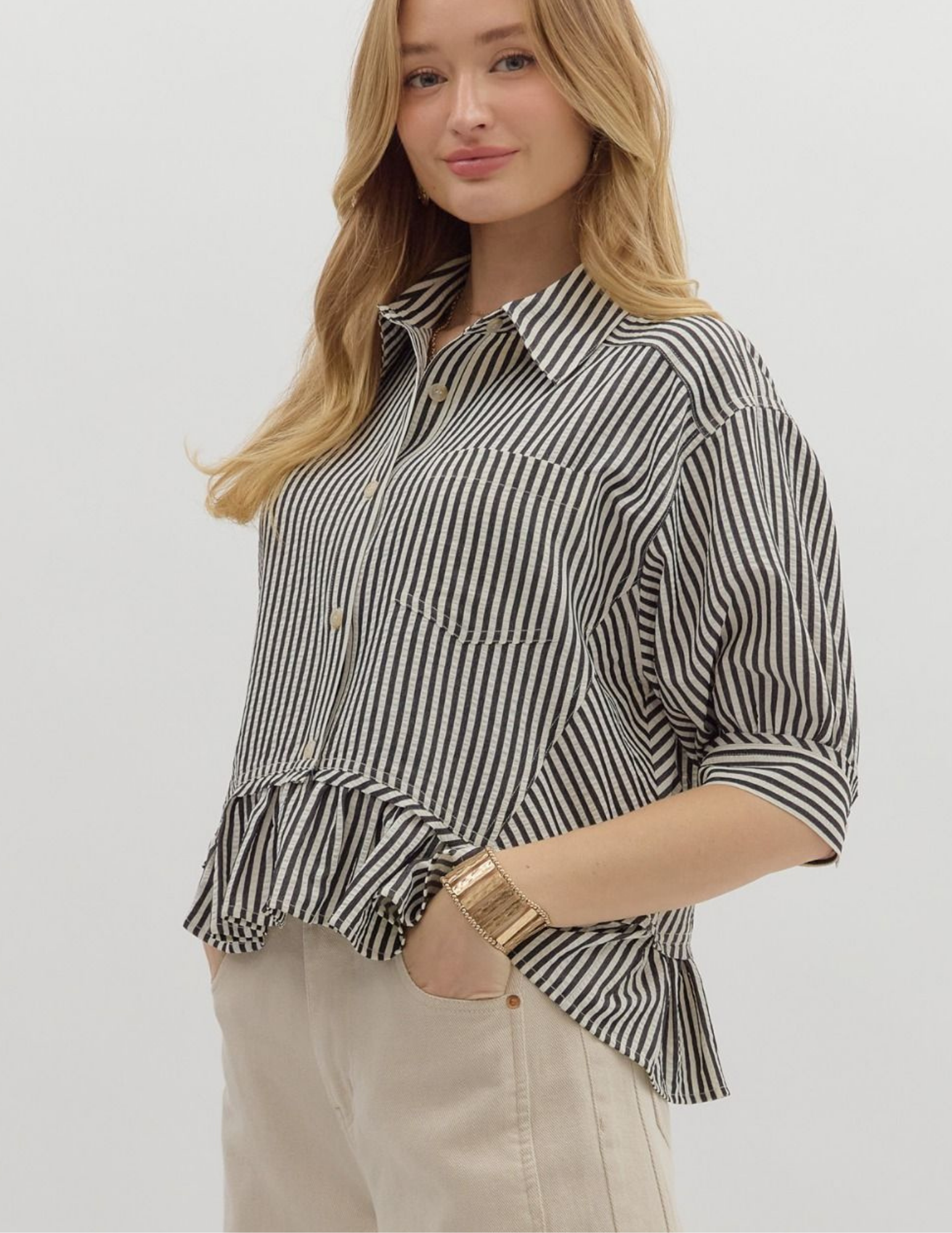 Striped Ruffled Hem Top- Black - Tres Chic Boutique