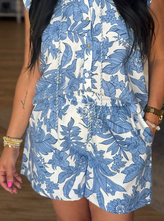 Floral Print Linen Blend Shorts