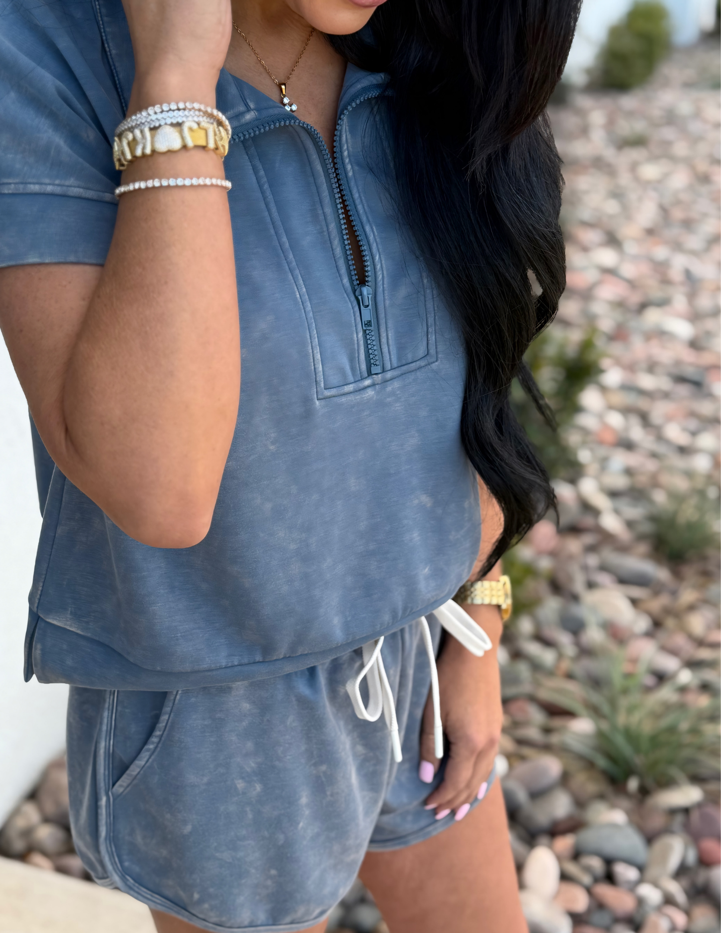 Mineral Washed Scuba Shorts Set- Denim