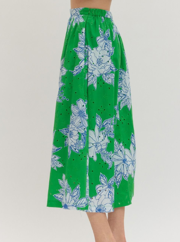 Botanical Print Midi Skirt- Green