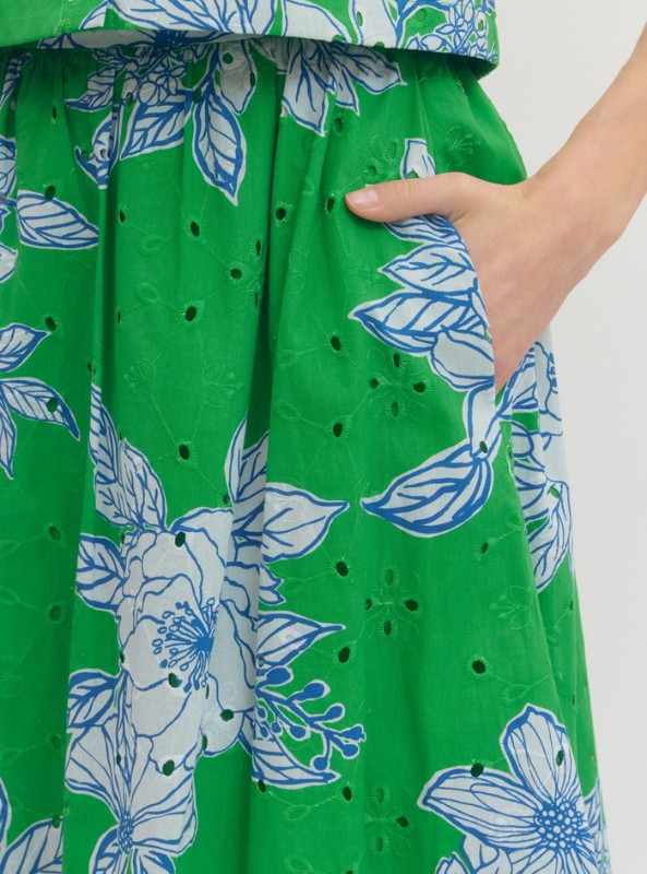 Botanical Print Midi Skirt- Green
