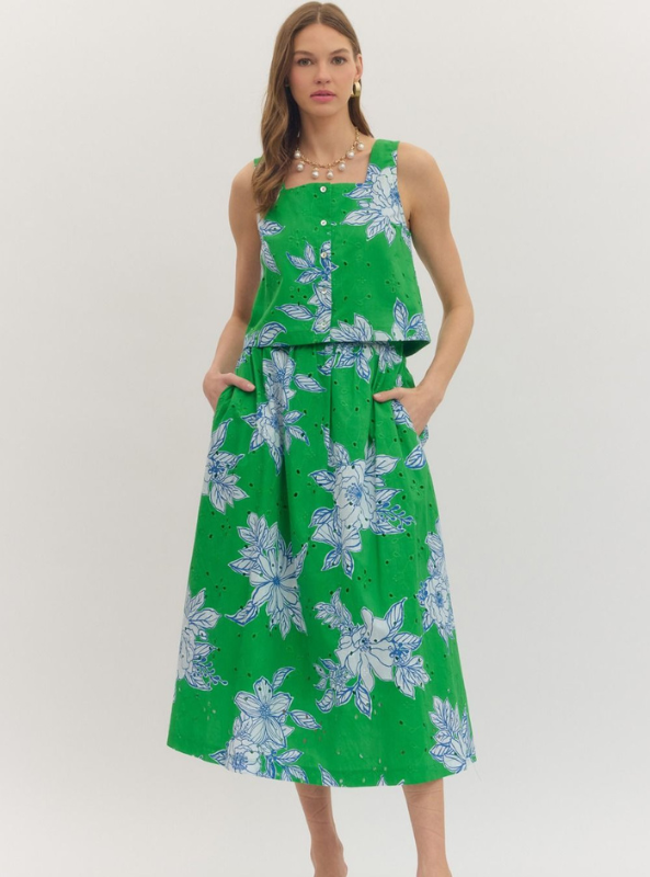 Botanical Print Midi Skirt- Green
