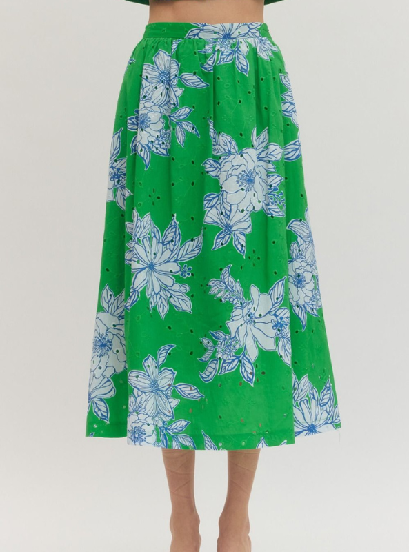 Botanical Print Midi Skirt- Green