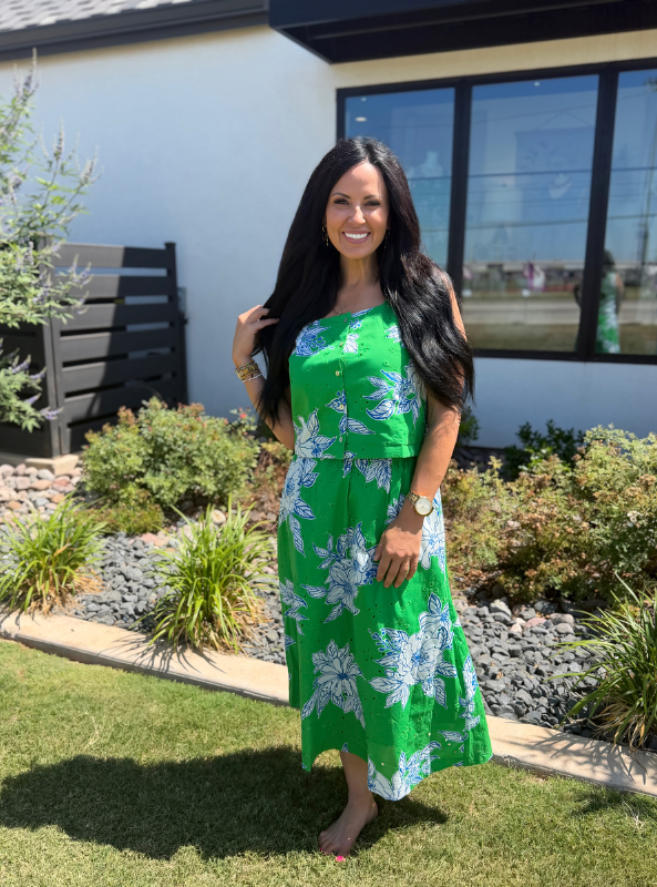 Botanical Print Midi Skirt- Green