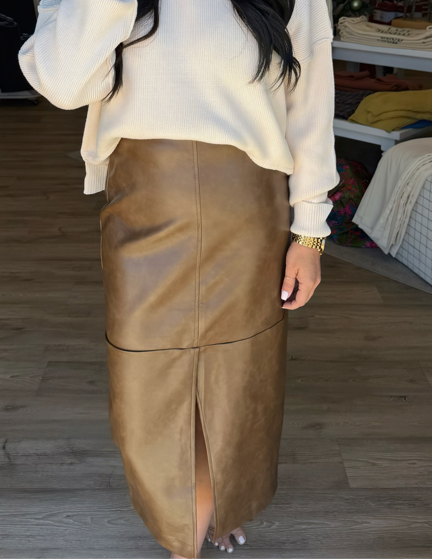 Brown Midi Leather Skirt