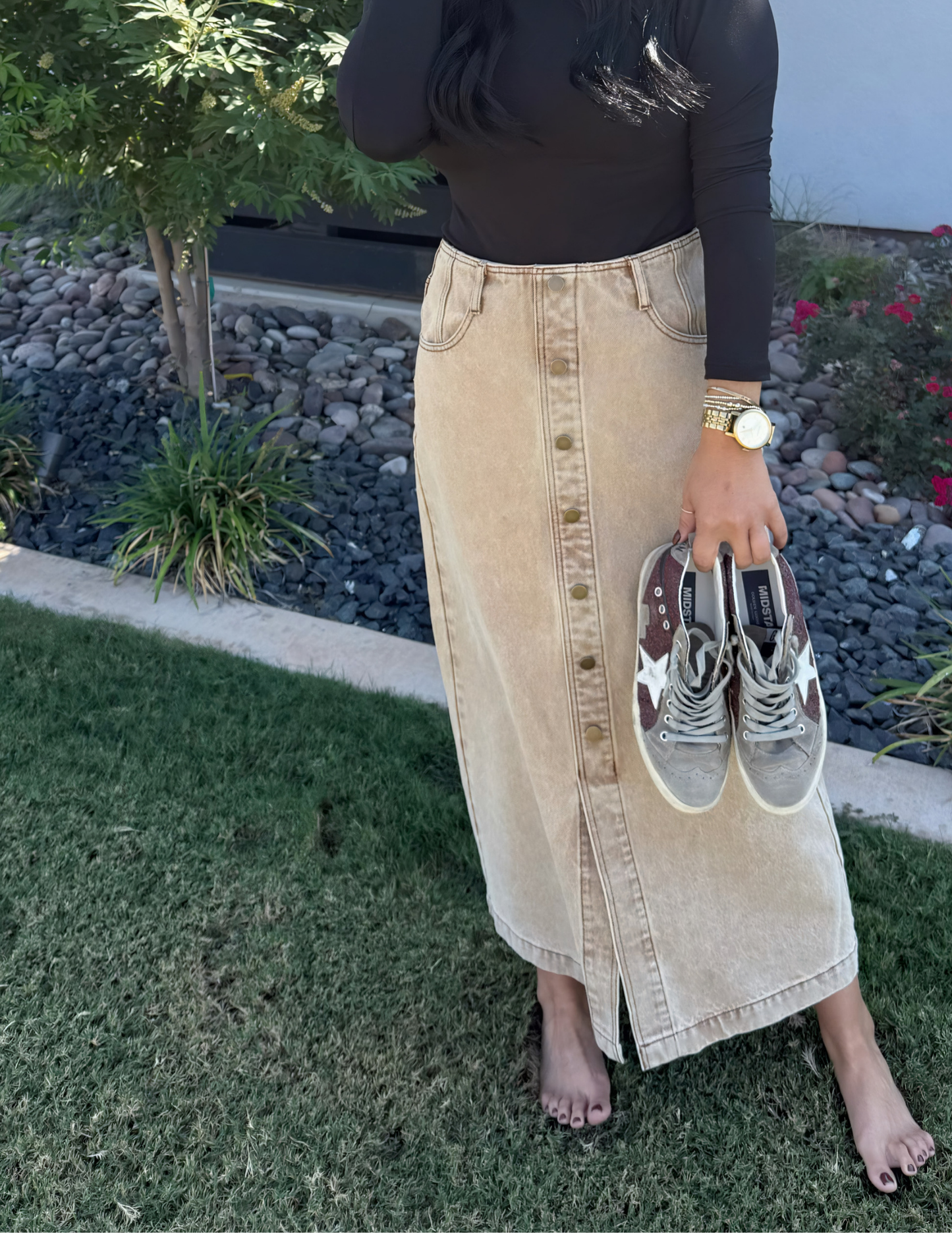 Denim Button Front Skirt- Brown