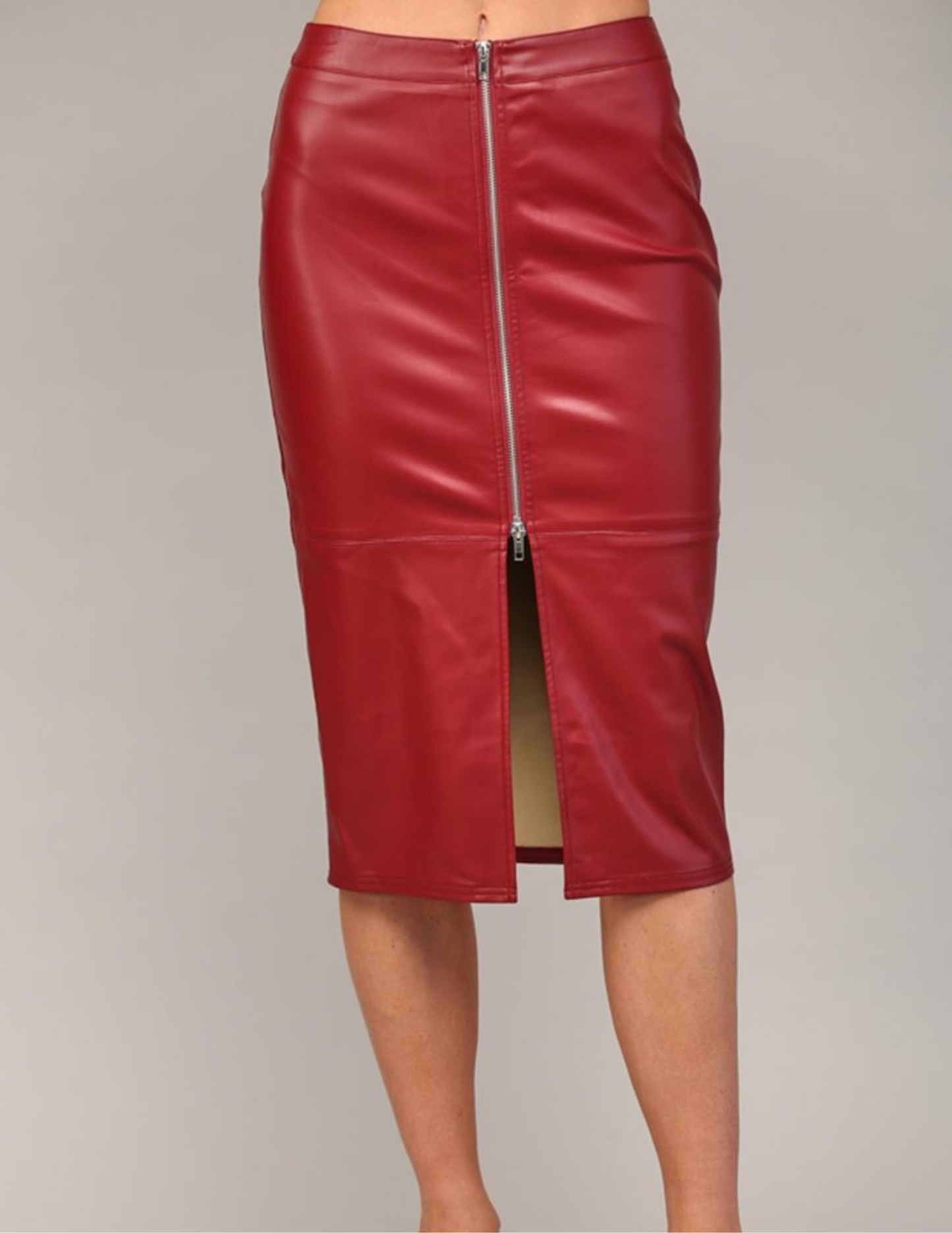 Faux Leather Midi Skirt- Crimson Red