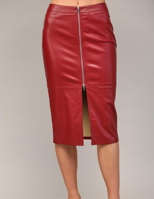 Faux Leather Midi Skirt- Crimson Red