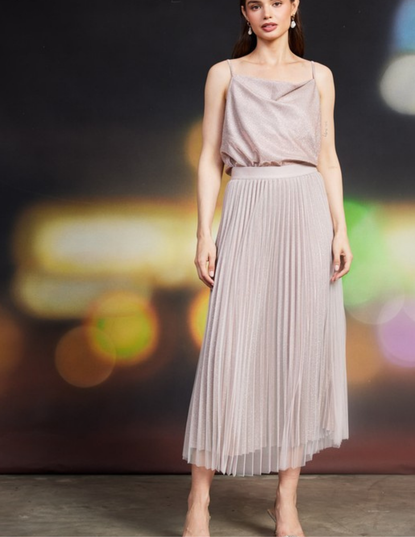 Lurex Pleated Double Mesh Midi Skirt- Blush