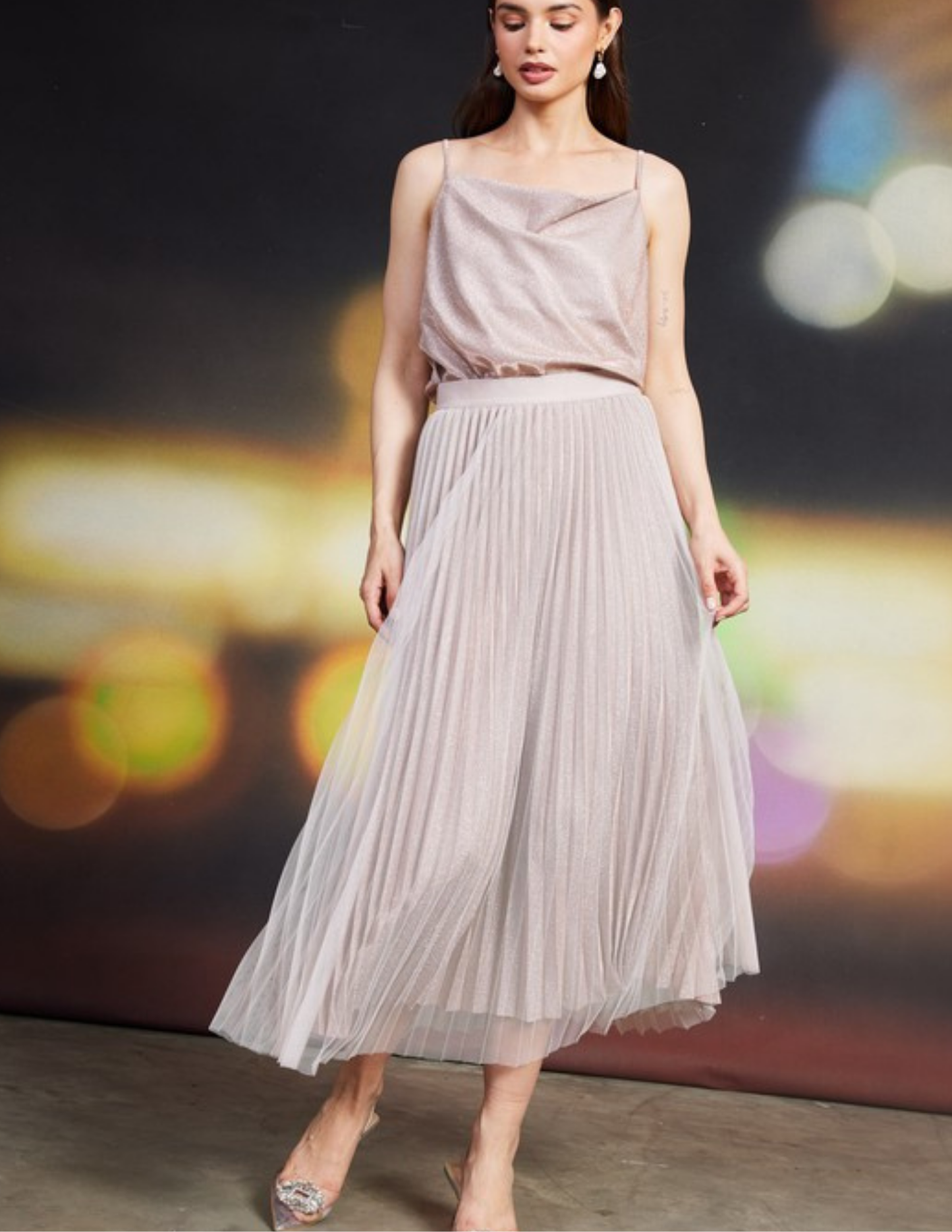 Lurex Pleated Double Mesh Midi Skirt- Blush