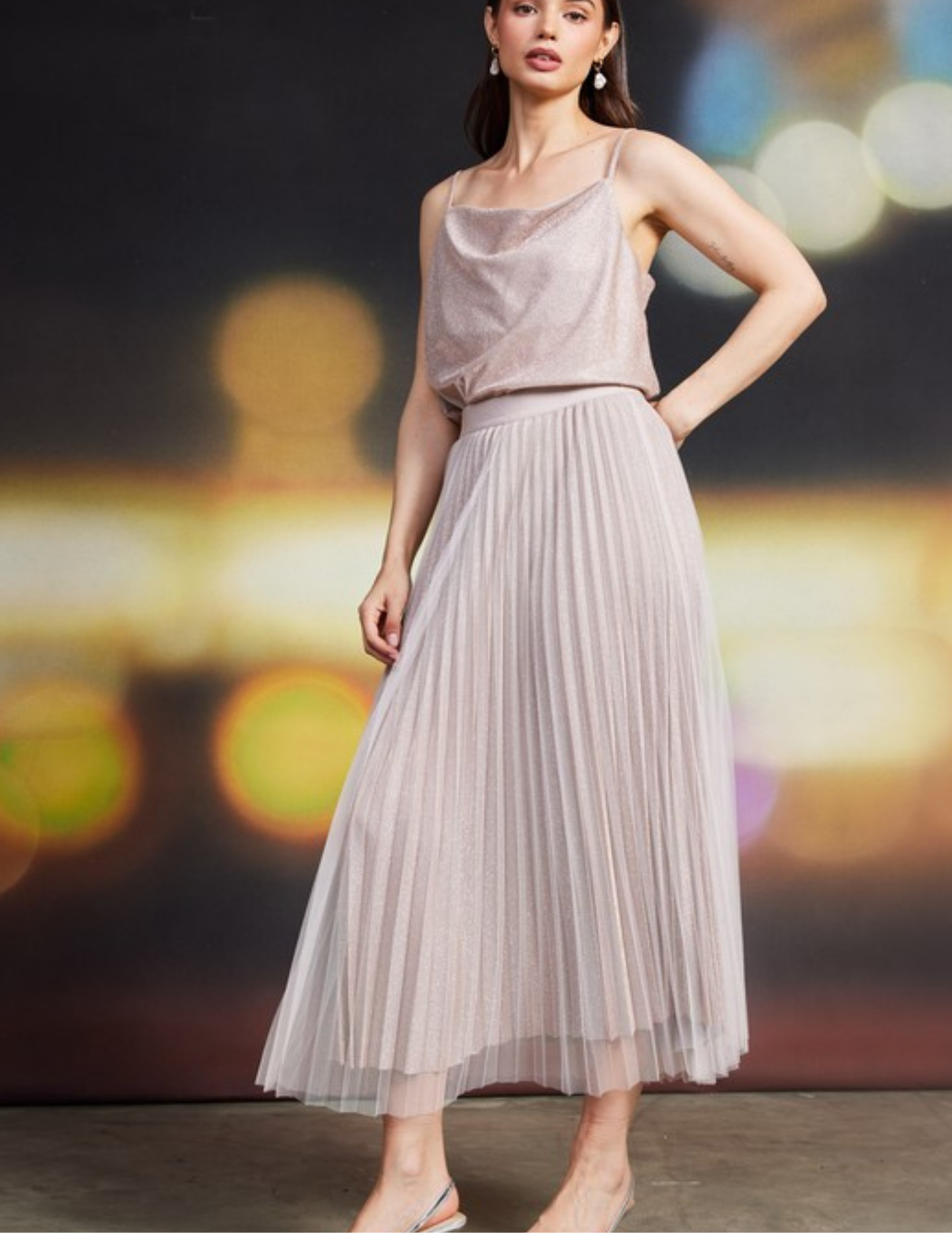 Lurex Pleated Double Mesh Midi Skirt- Blush