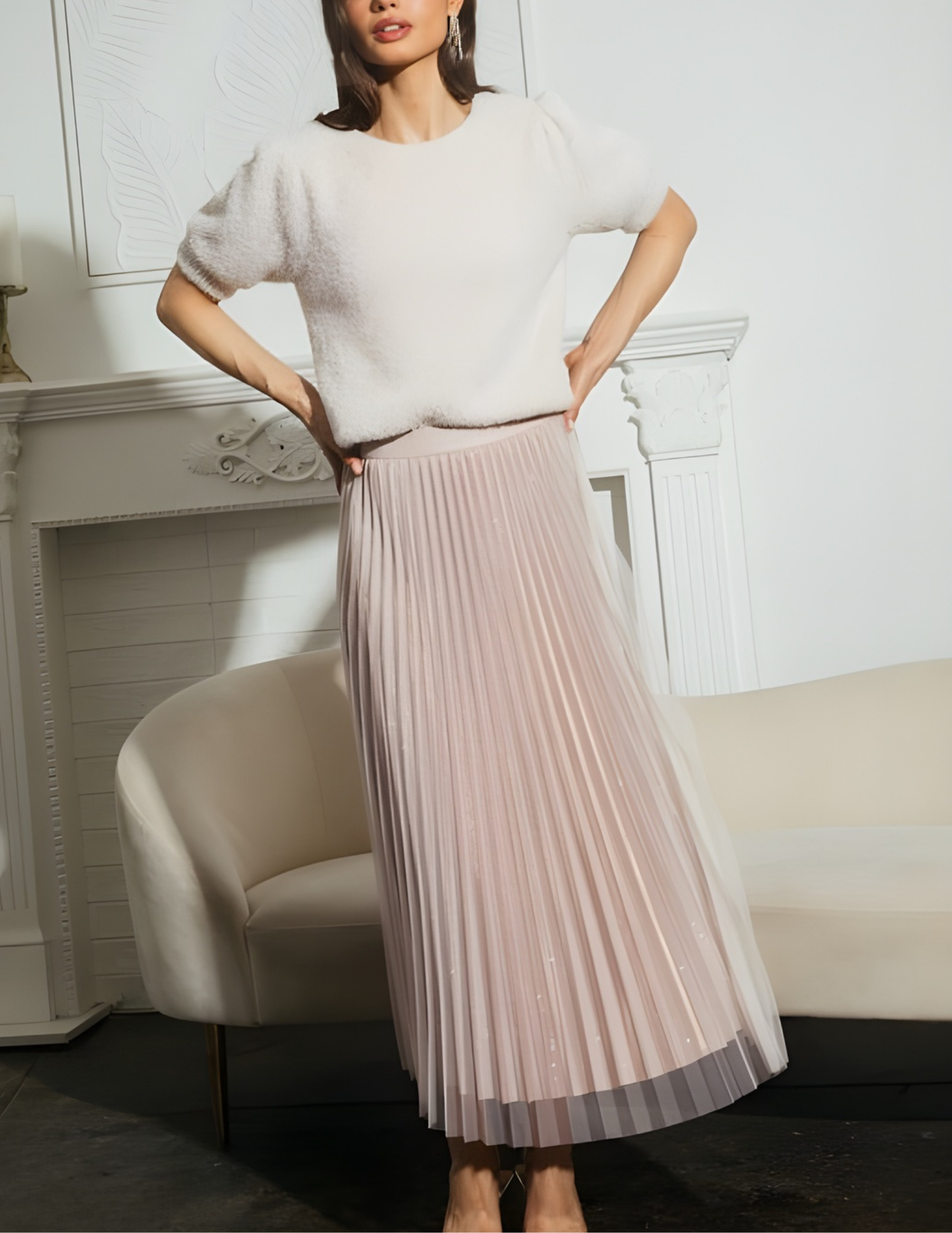 Lurex Pleated Double Mesh Midi Skirt- Blush
