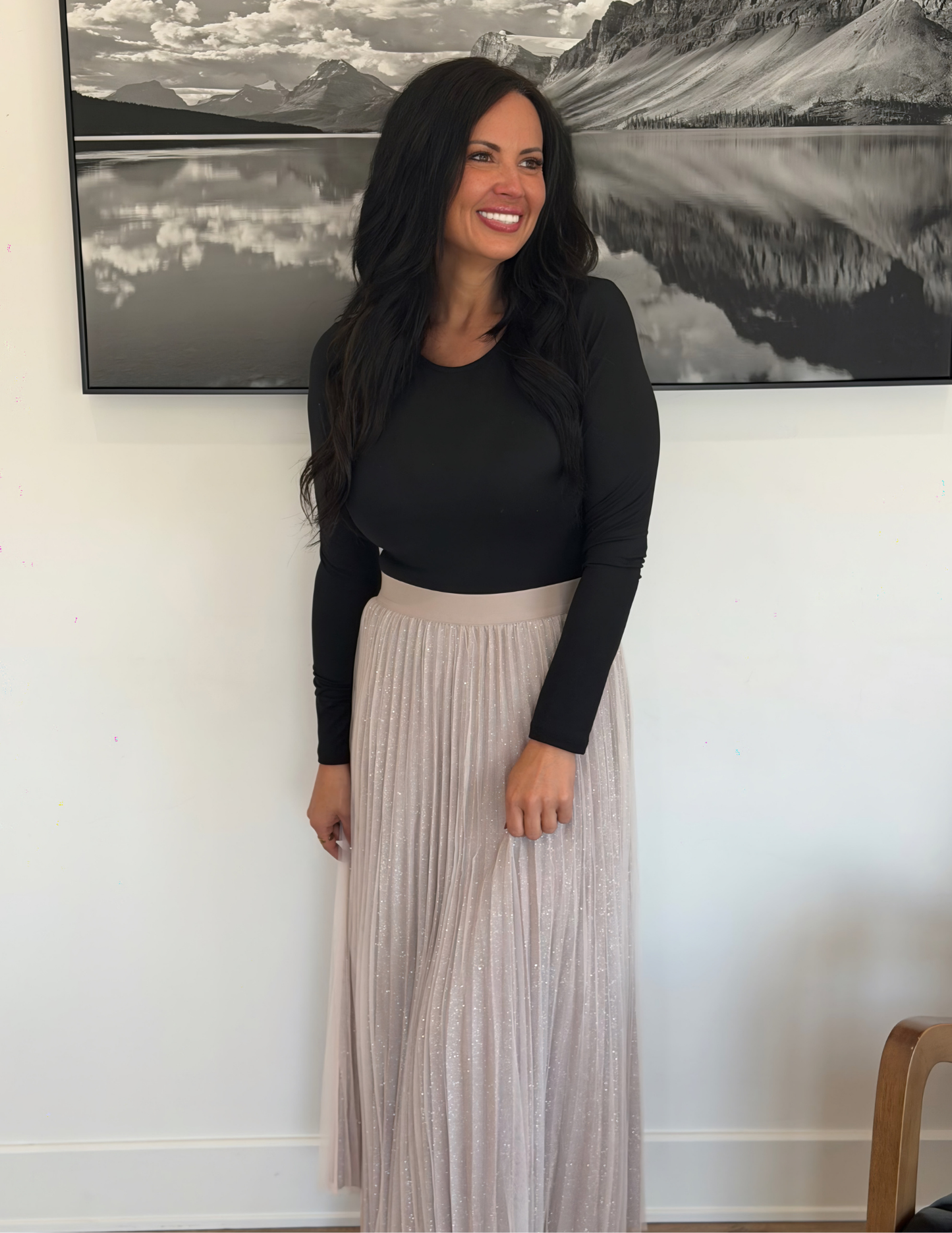 Lurex Pleated Double Mesh Midi Skirt- Blush