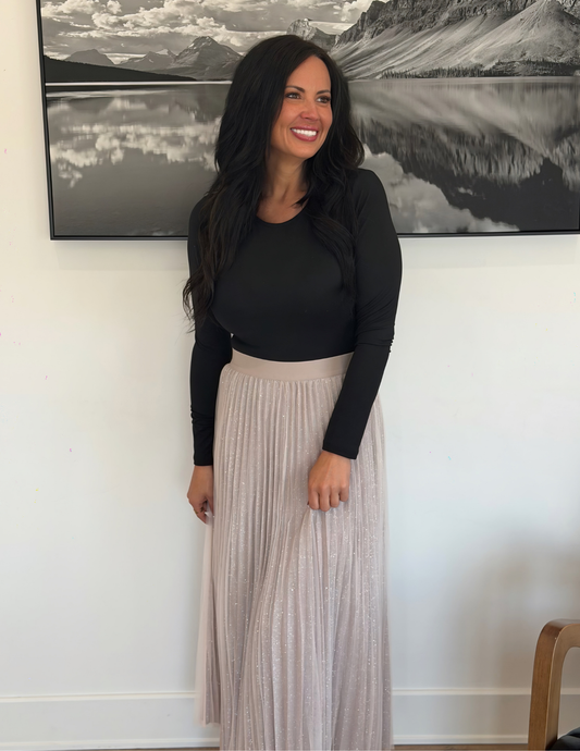 Lurex Pleated Double Mesh Midi Skirt- Blush