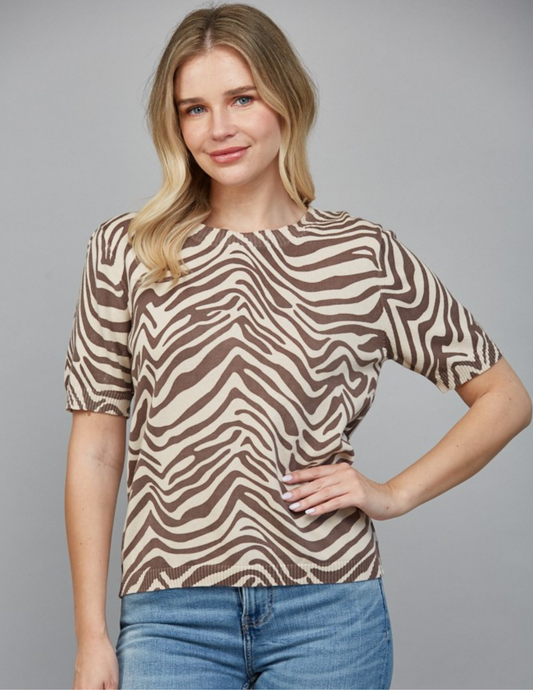 Animal Print Short Sleeve Sweater- Taupe/ Brown