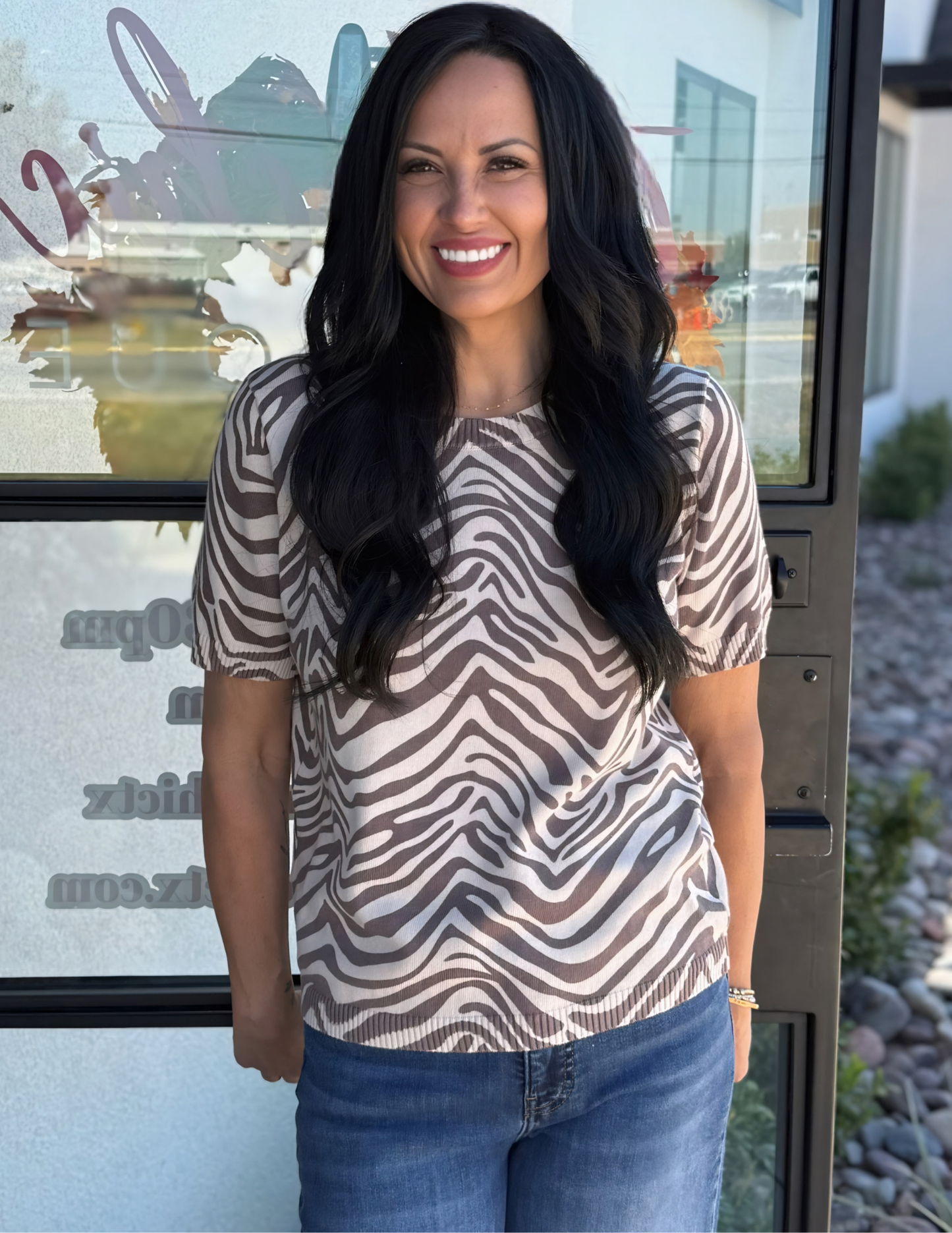 Animal Print Short Sleeve Sweater- Taupe/ Brown