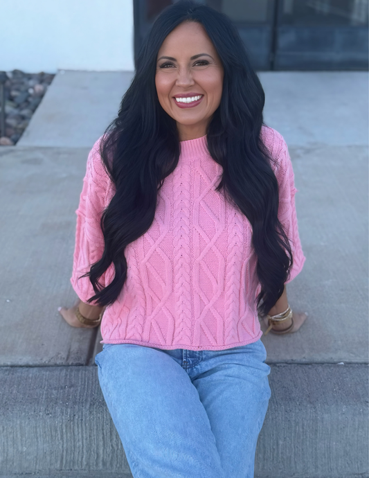Cable Knit Lightweight Sweater- Coral Pink