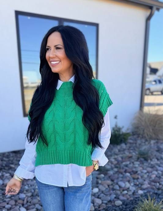 Cable Knit Short Sleeve Sweater- Green