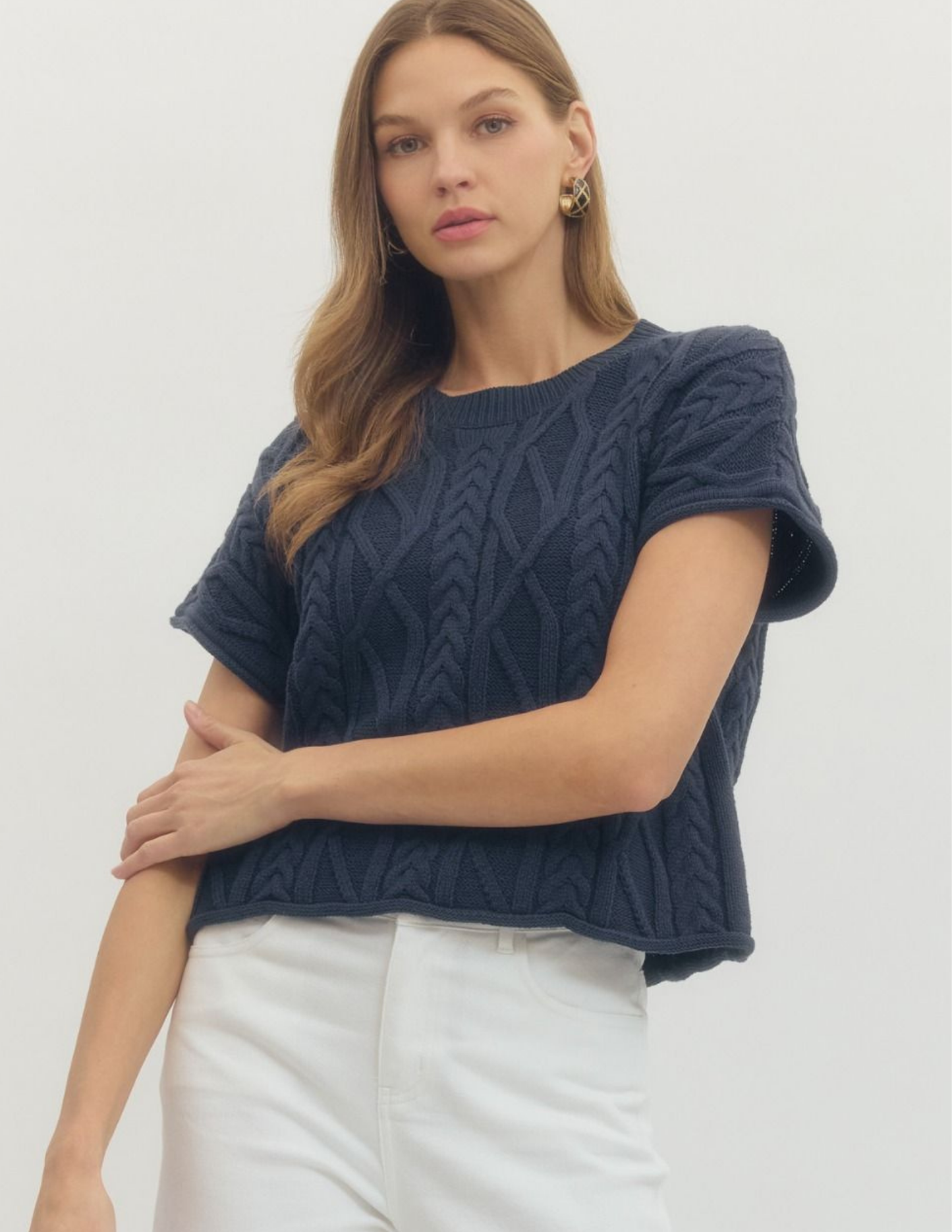 Cable Knit Texture Top- Navy