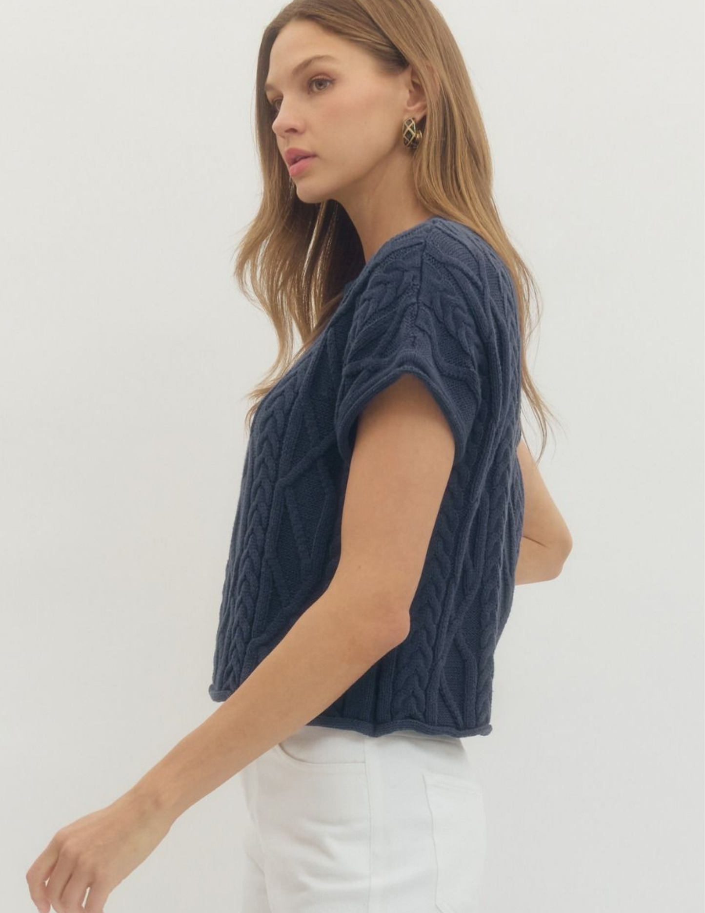 Cable Knit Texture Top- Navy