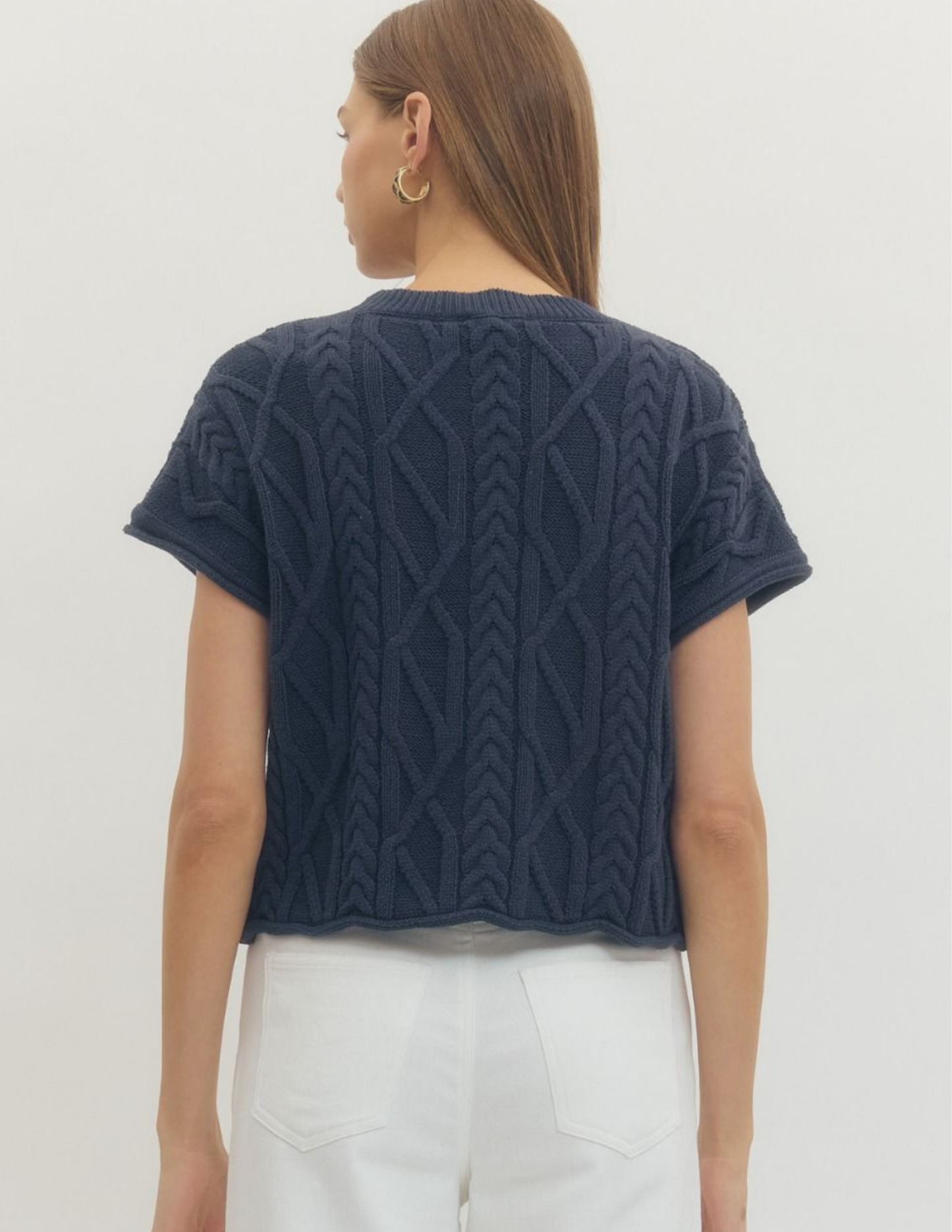 Cable Knit Texture Top- Navy