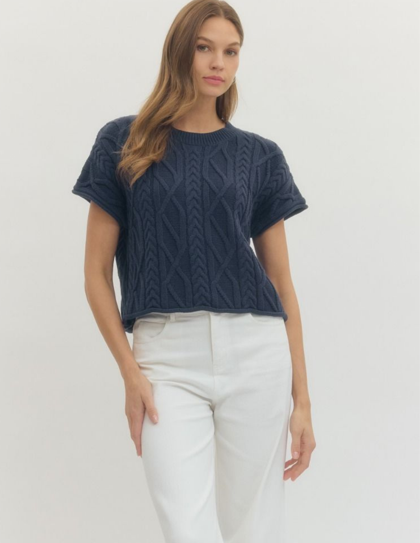 Cable Knit Texture Top- Navy