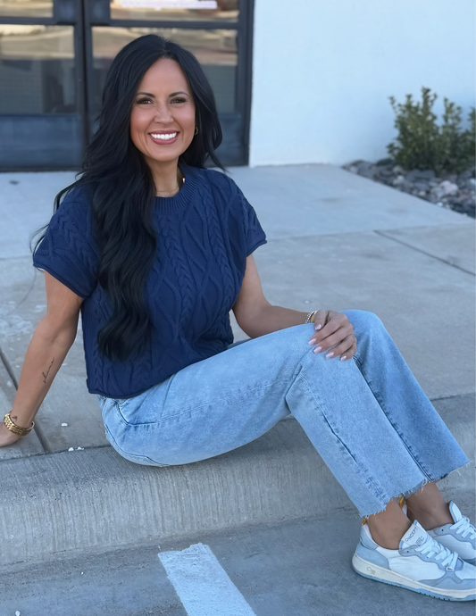 Cable Knit Texture Top- Navy