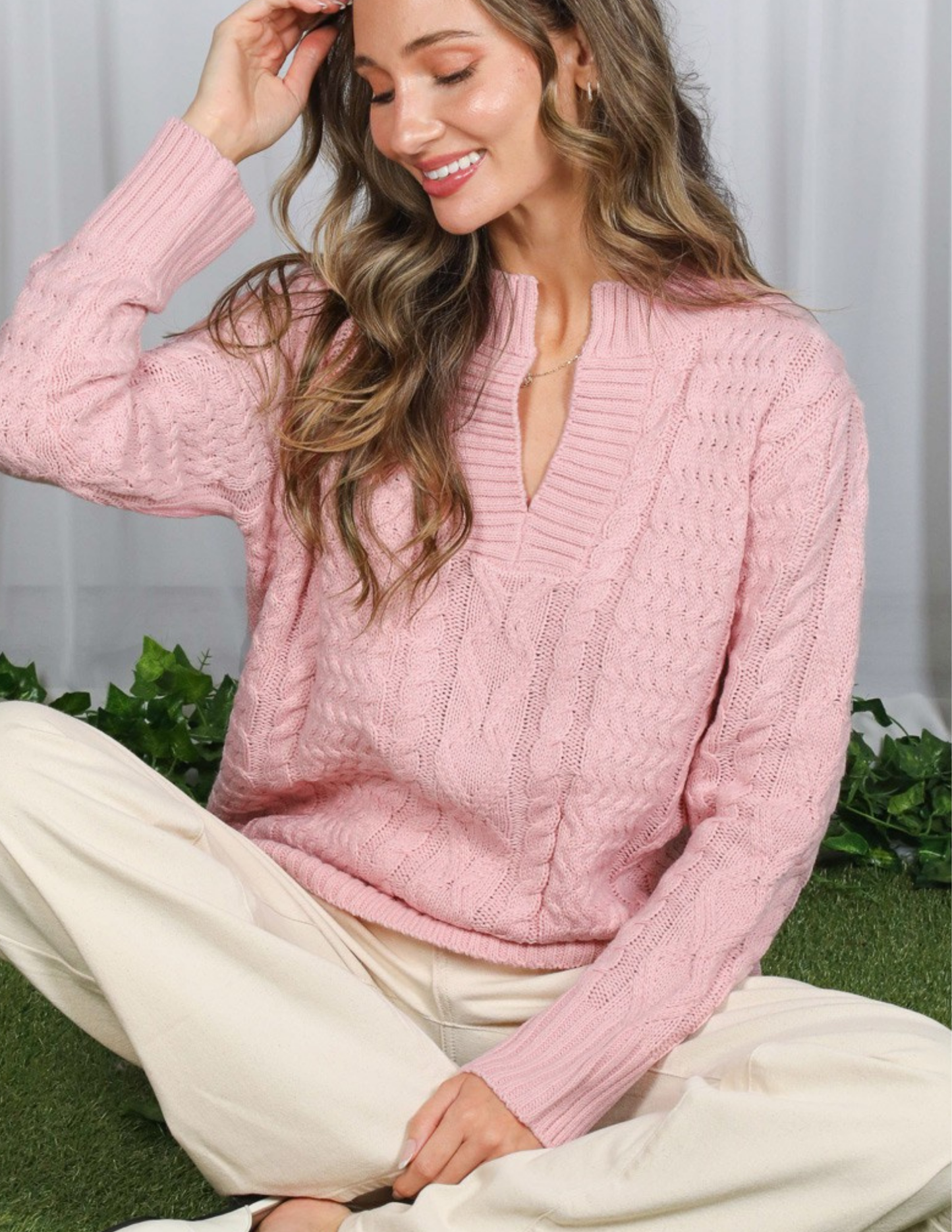Cable V-Neck Knitted Sweater Top- Blush