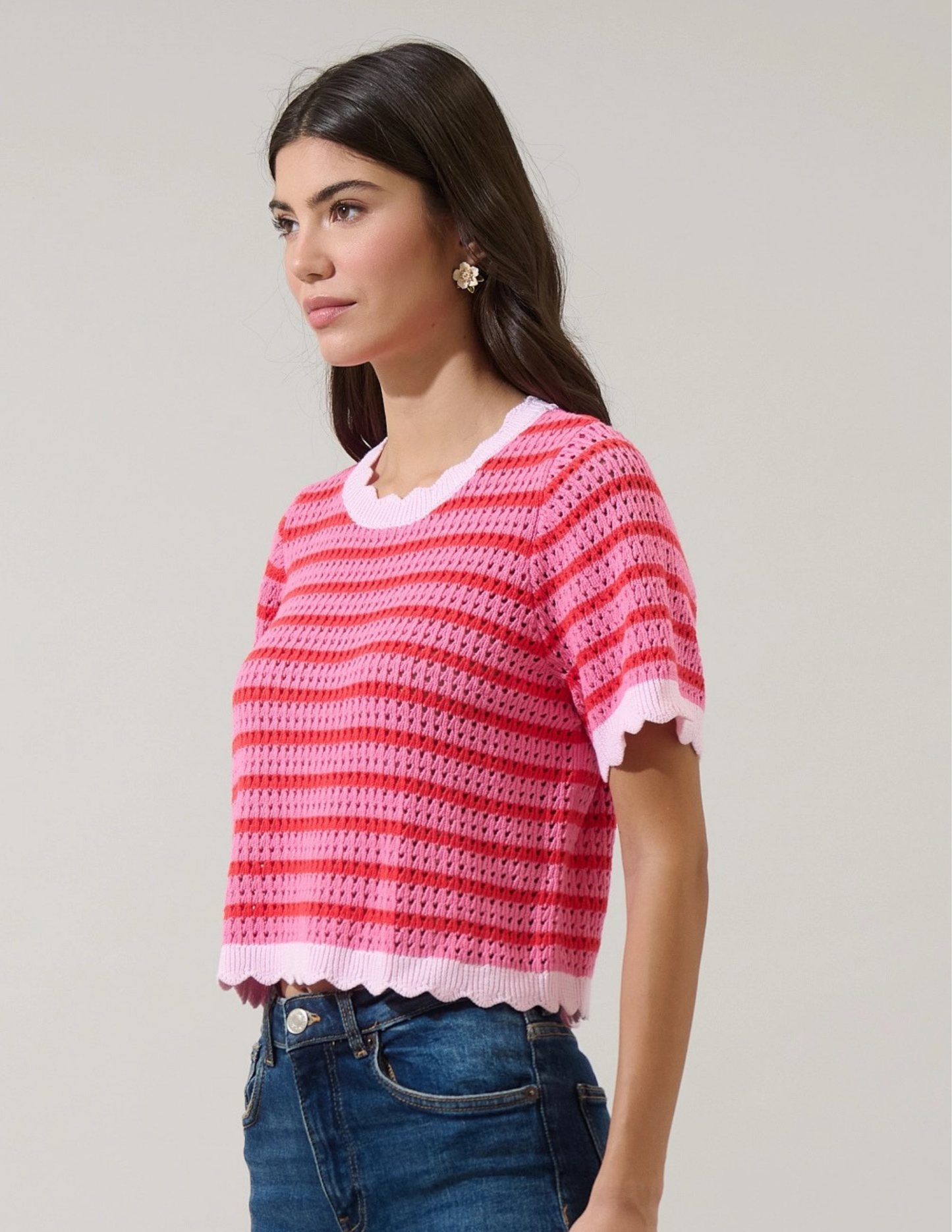 Clarie Stripe Crochet Sweater Top- Red & Pink