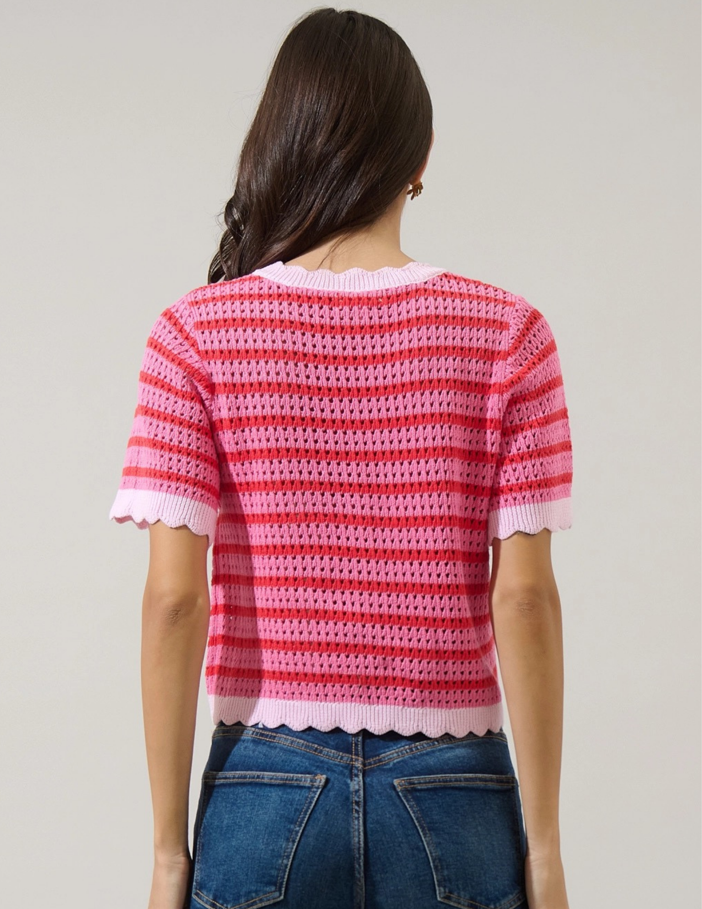 Clarie Stripe Crochet Sweater Top- Red & Pink
