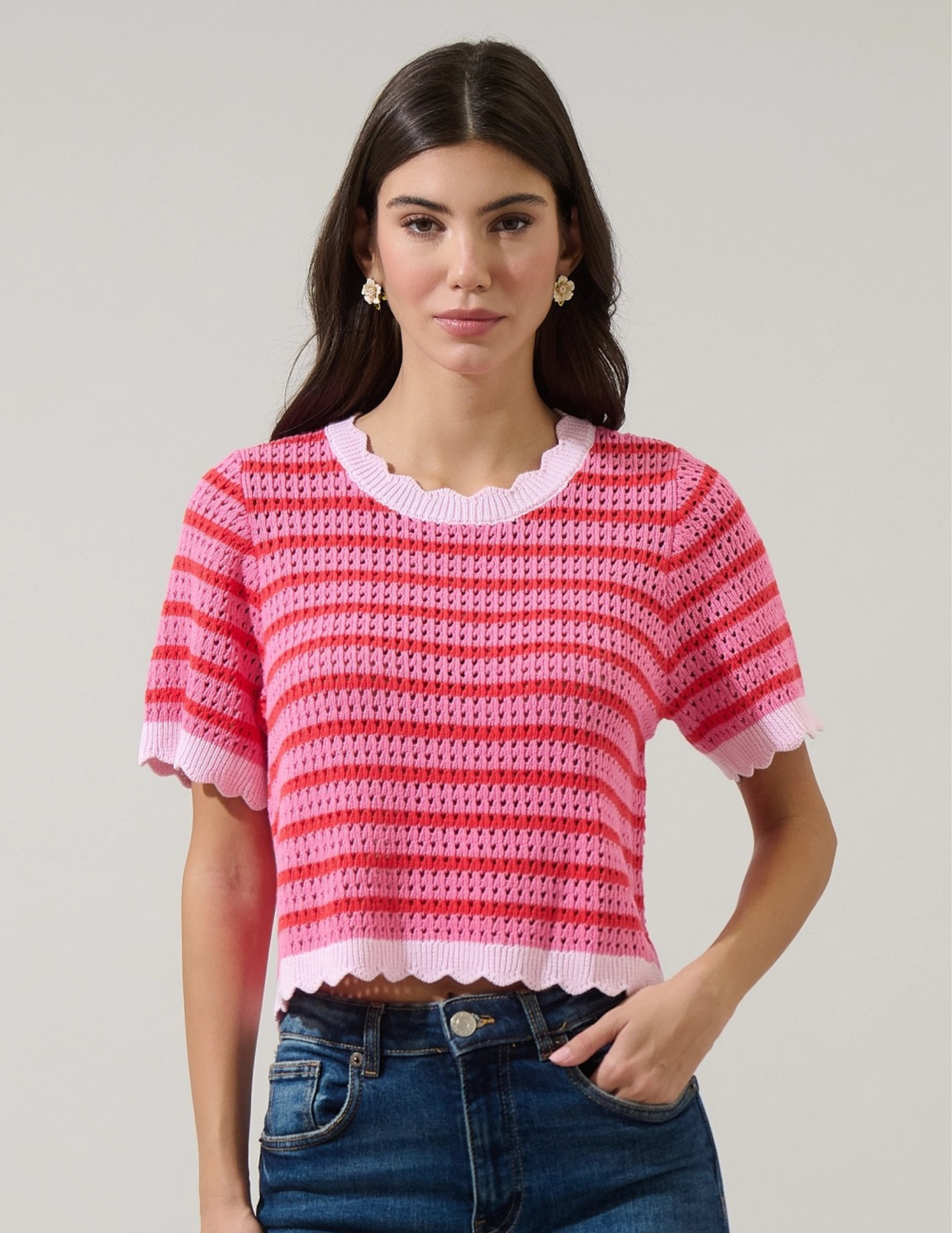 Clarie Stripe Crochet Sweater Top- Red & Pink