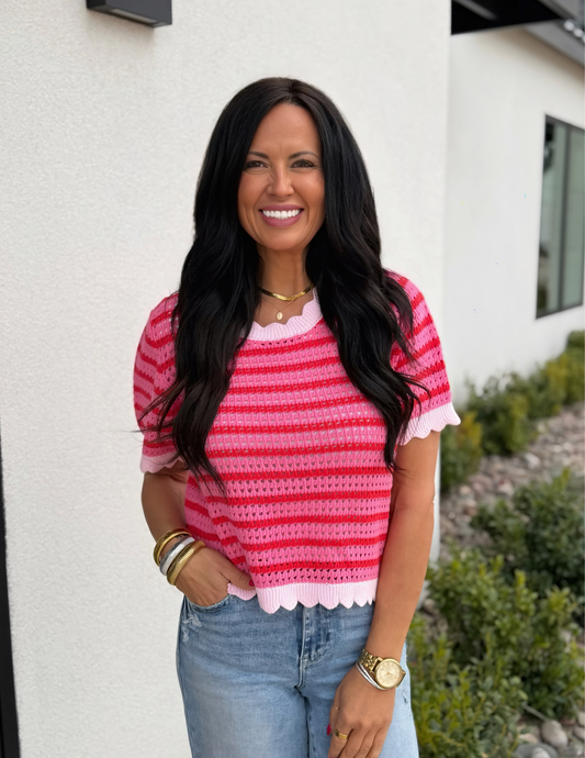 Clarie Stripe Crochet Sweater Top- Red & Pink