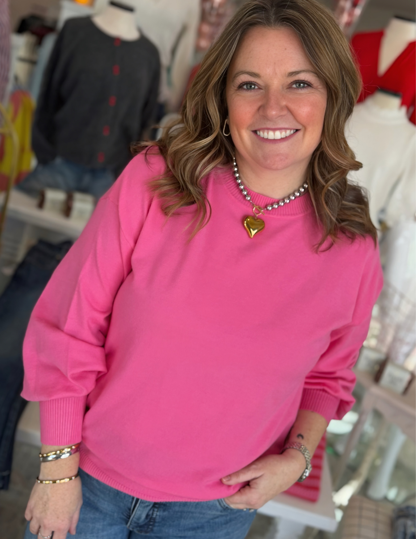 Crew Neck Balloon Long-Sleeve Knitted Sweater- Pink