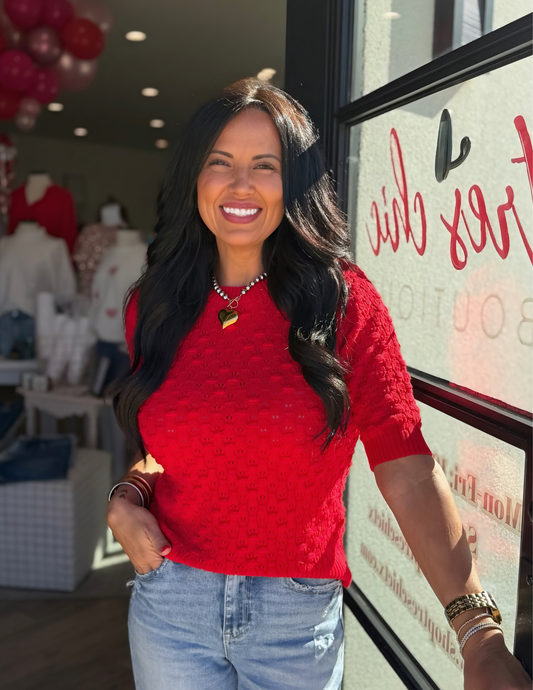 Crochet Cotton Crew Neck Knit Sweater- Red
