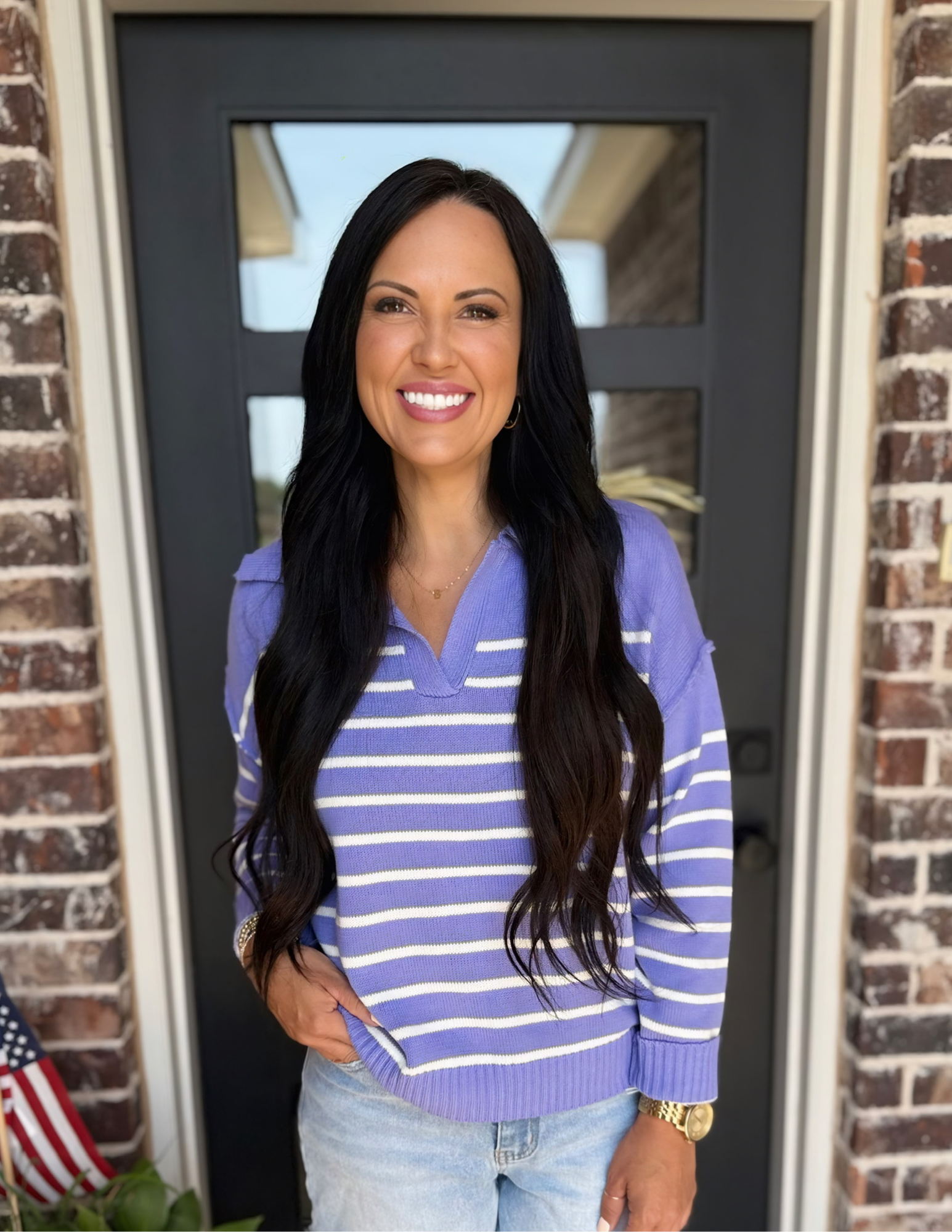 Fall V-Neck Striped Sweater- Periwinkle - Tres Chic Boutique