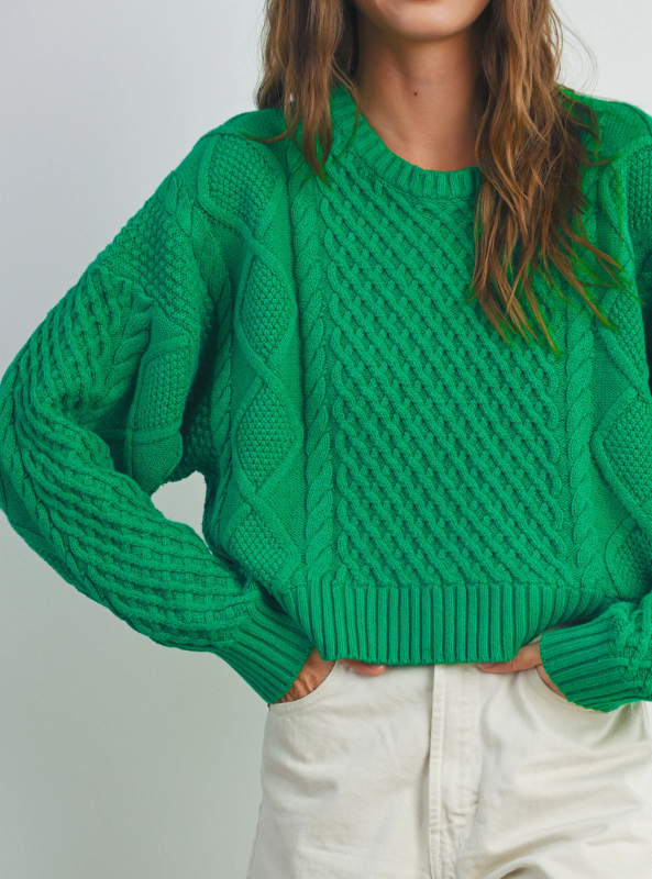 Green Cable Knit Sweater - Tres Chic Boutique