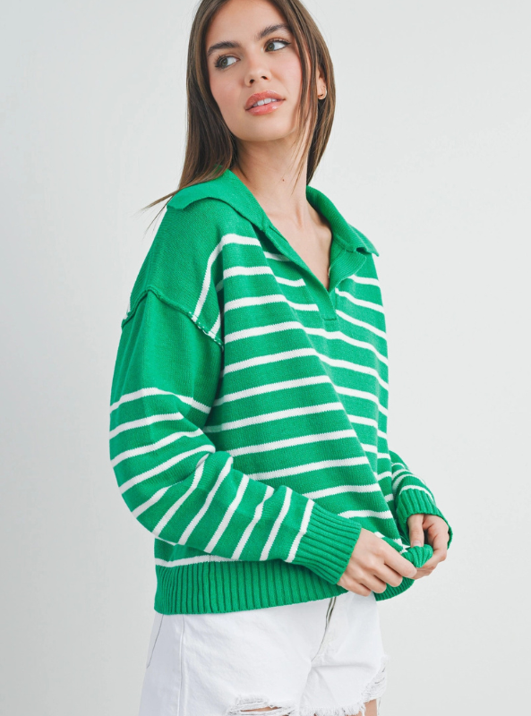 Green Striped V-Neck Sweater - Tres Chic Boutique