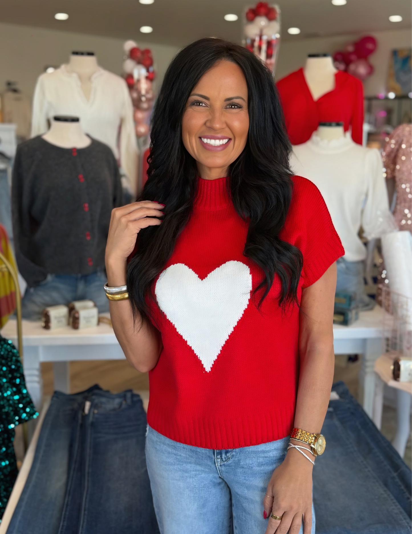Heart Embellished Mock Neck Sweater- Red
