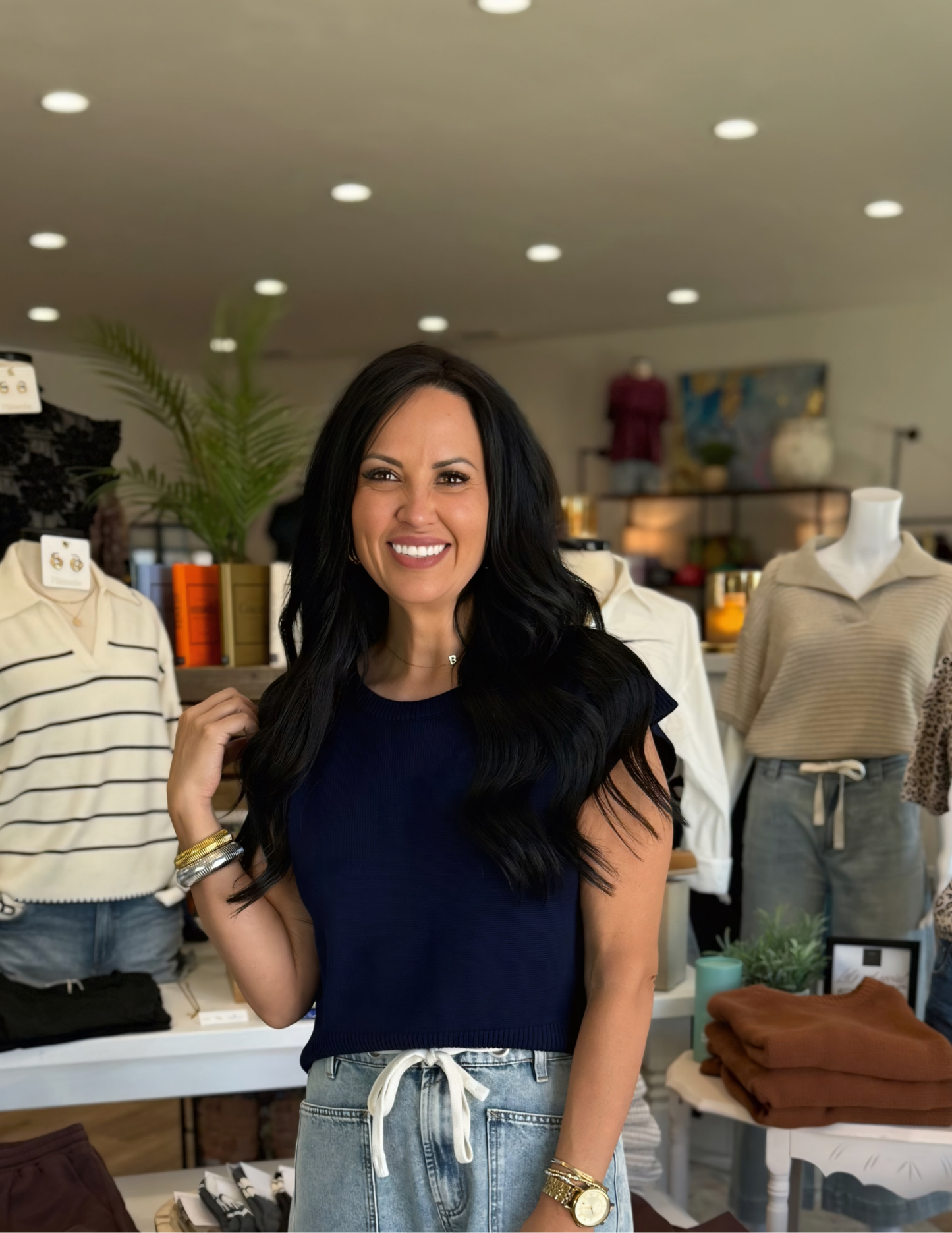 Knit Cap Sleeve Top- Navy