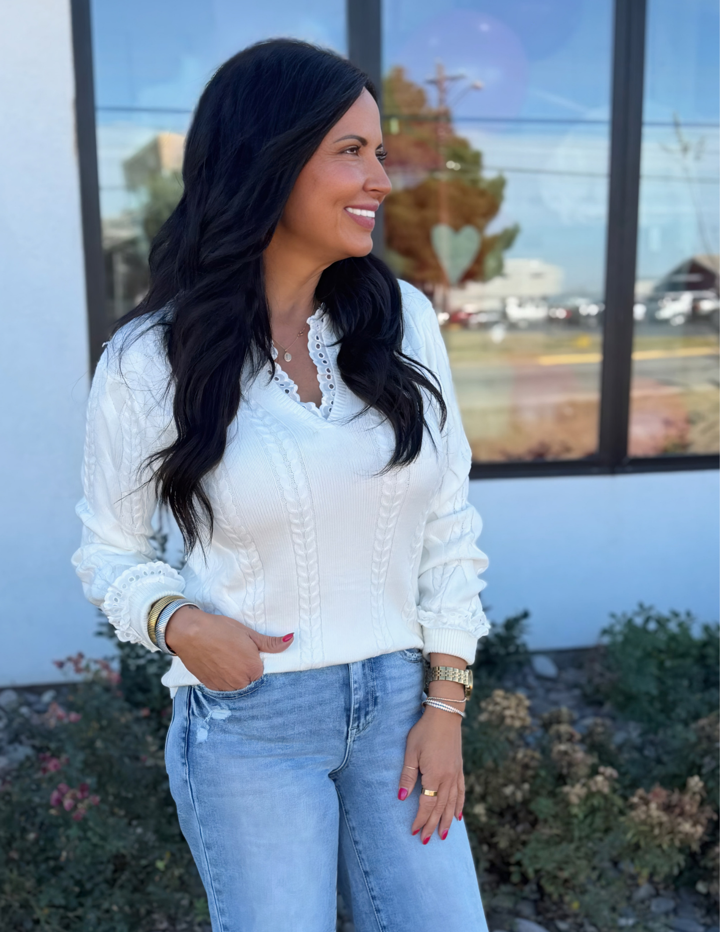 Lace Embellished V-Neck Cable Knitted Sweater- Off White