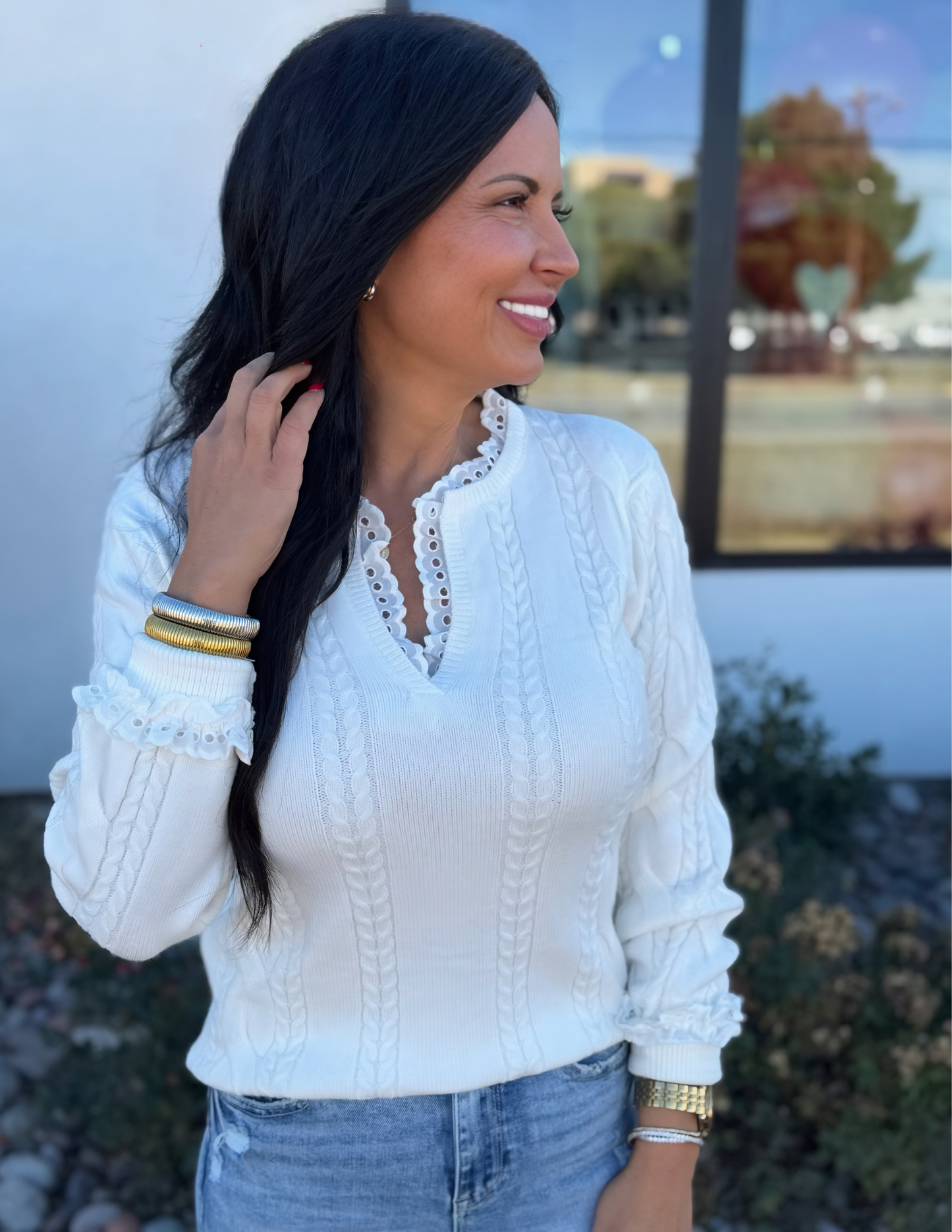 Lace Embellished V-Neck Cable Knitted Sweater- Off White