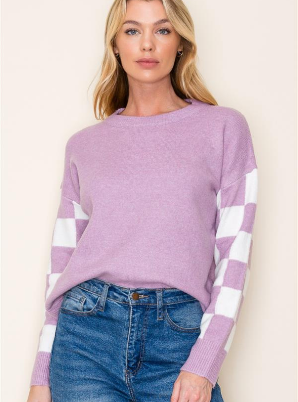 Lavender Checkerboard Sweater - Tres Chic Boutique