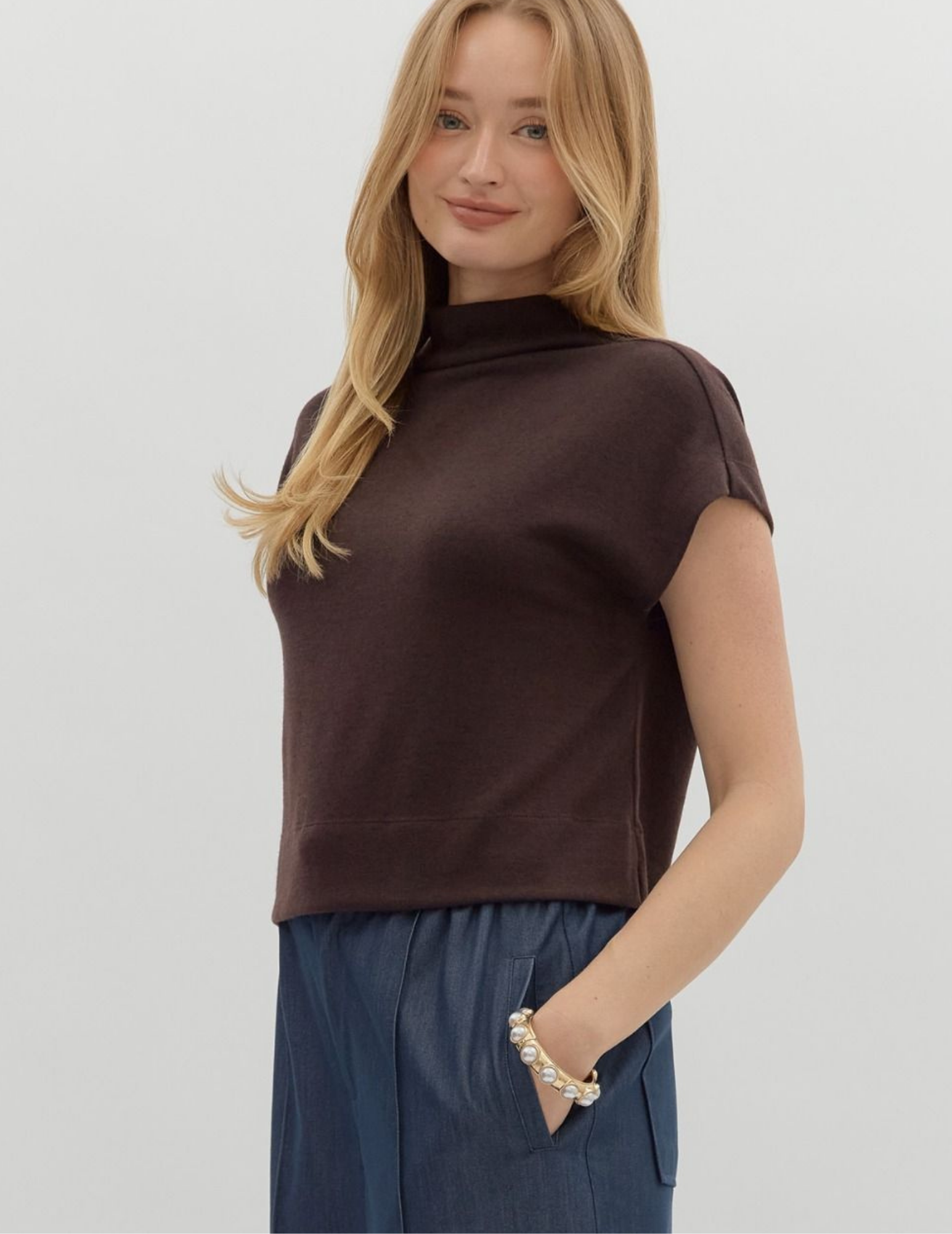 Mock Neck Pullover- Brown - Tres Chic Boutique