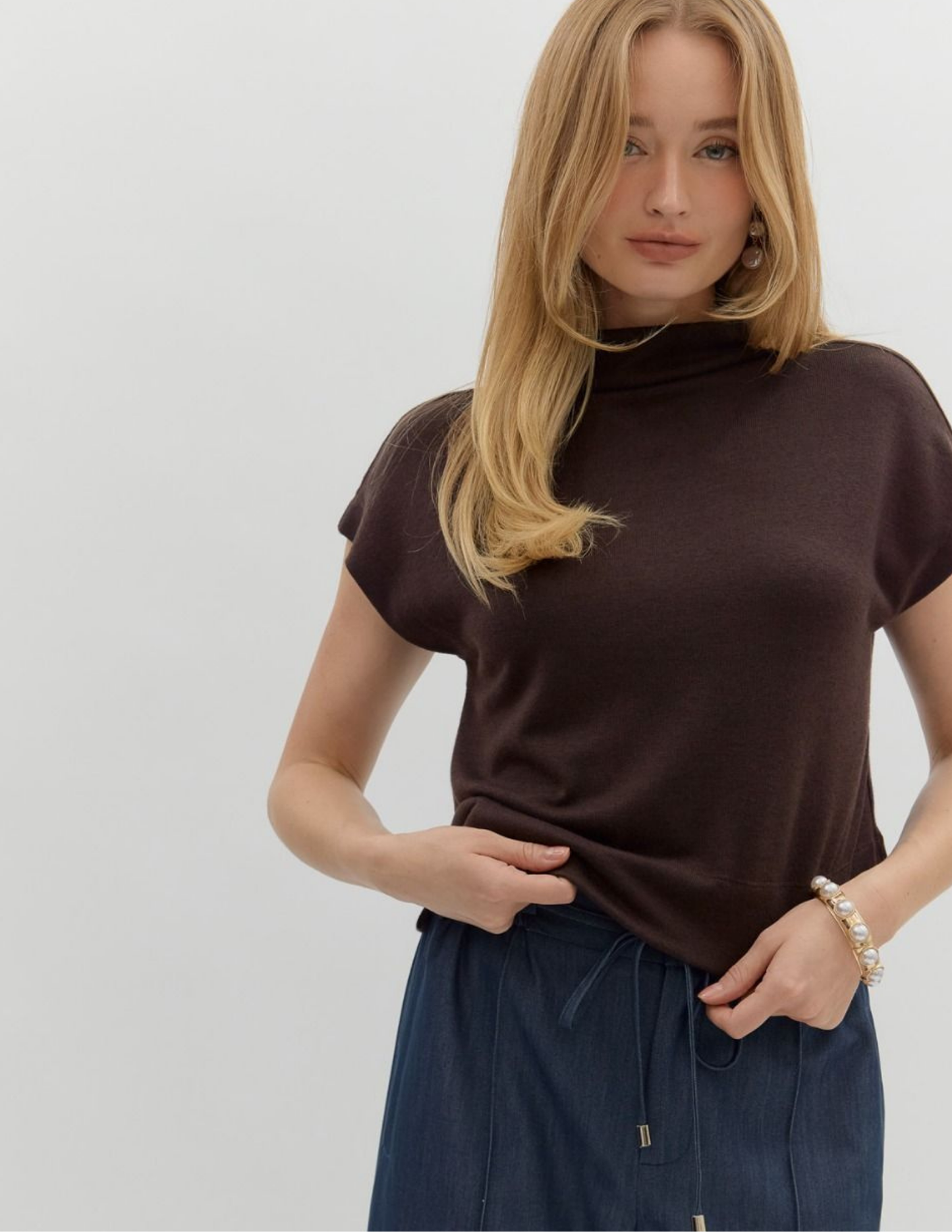 Mock Neck Pullover- Brown - Tres Chic Boutique
